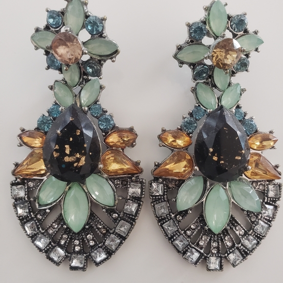 Crystal Flower Drop Statement Earrings - Picture 2 of 5